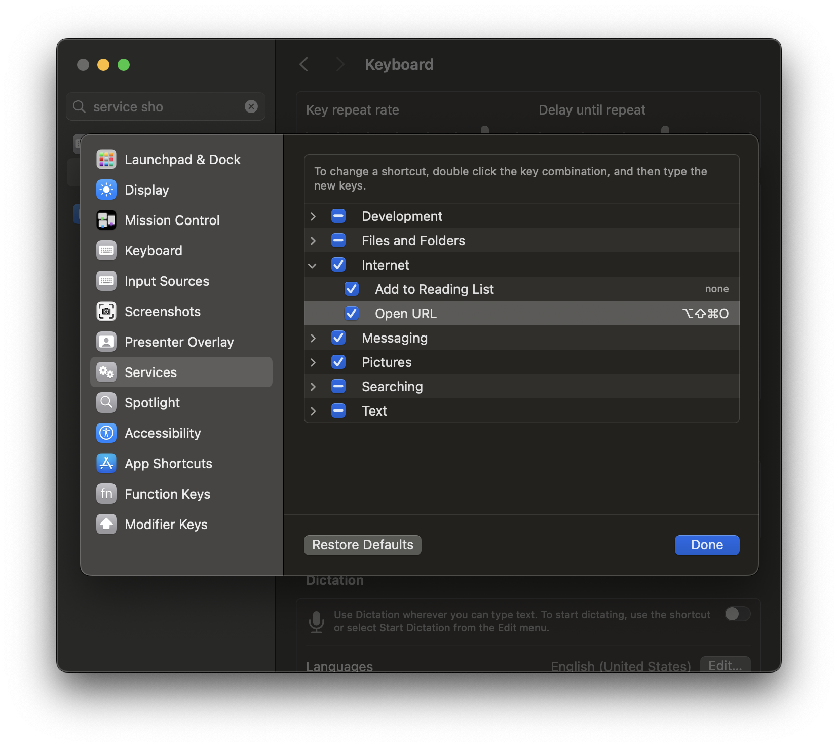 custom service open URL global shortcut